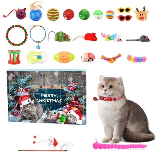 Julkalender för katter - 24-dagars julkalender - Inkluderar diverse kattleksaker - Interaktiv julkalender för katter vit XXS