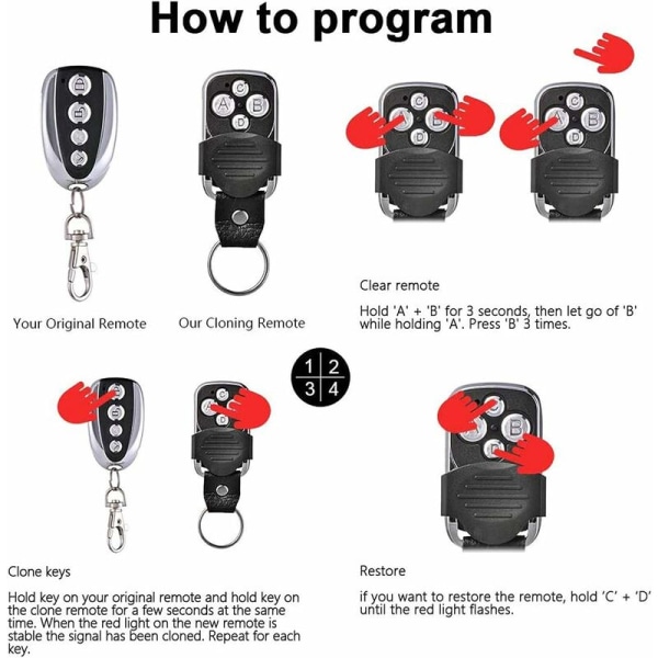 Fjernbetjening [3 stk.], Elektrisk fjernbetjening, til garageport Universal fjernbetjening 270-433.92MHz med 4 duplikerede knapper
