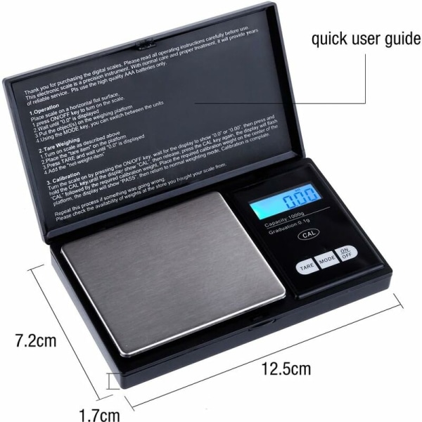 Digital lommeskalaer 1000g x 0,1g, køkkenskalaer, smykkeskalaer Mini elektroniske lommeskalaer-sort