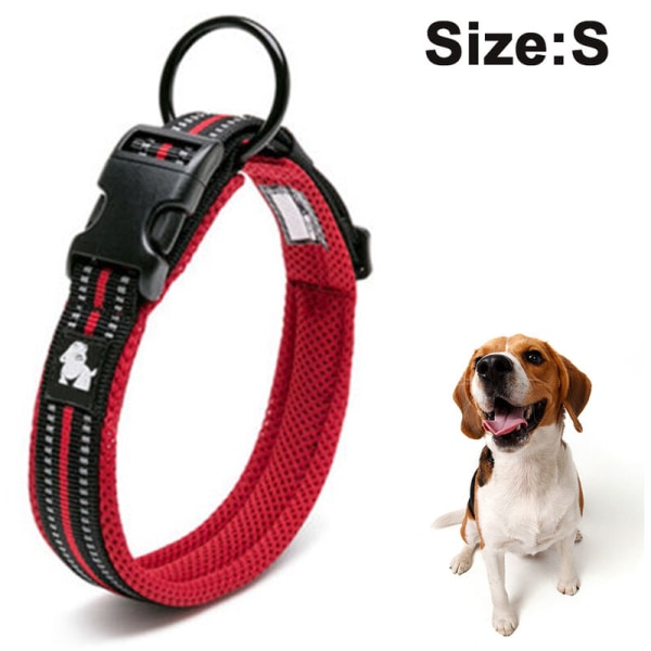 Adjustable Reflective Dog Collar Nylon Pet Collar Padded Breathable Anti-Choke Anti-Rubbing Mesh with Ring, Gray, Red, S