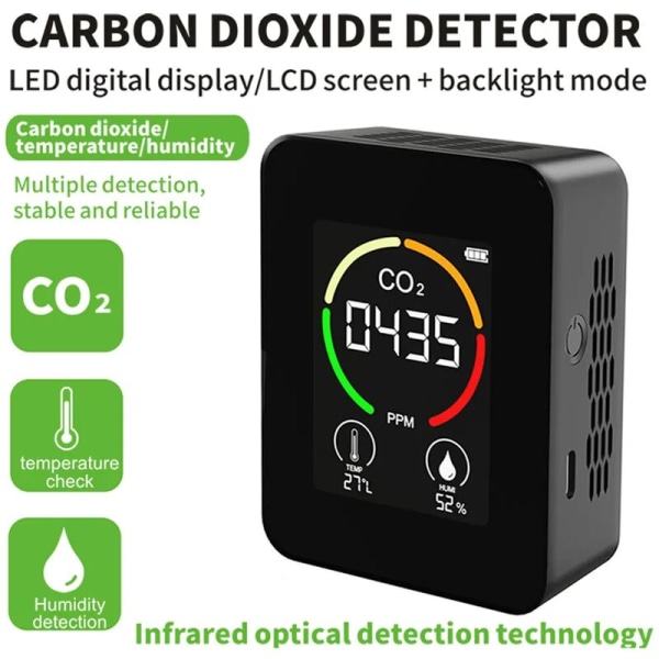 3 in 1 Hiilidioksidiilmaisin CO2-ilmaisin lämpökosteusmittari Älykäs ilmanlaadun analysaattori Kotitalouden digitaalinen ilmansaastemittari - musta