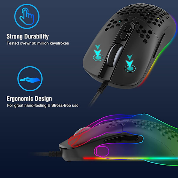 Trådbunden RGB-spelmus, Ultralätt, Bikakeskal, RGB-LED Lätt Glidande PTFE-fötter, Hyperflex USB-kabel, 800 till 8000 DPI för Windows