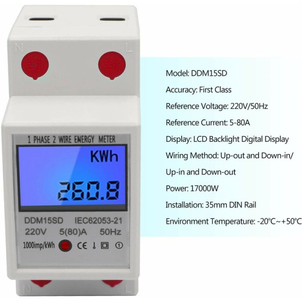 Enfasig DIN-skinne energimåler 5-80A 220V 50Hz elektronisk kWh-måler med LCD-baggrundsbelyst digitalt display DDM15SD