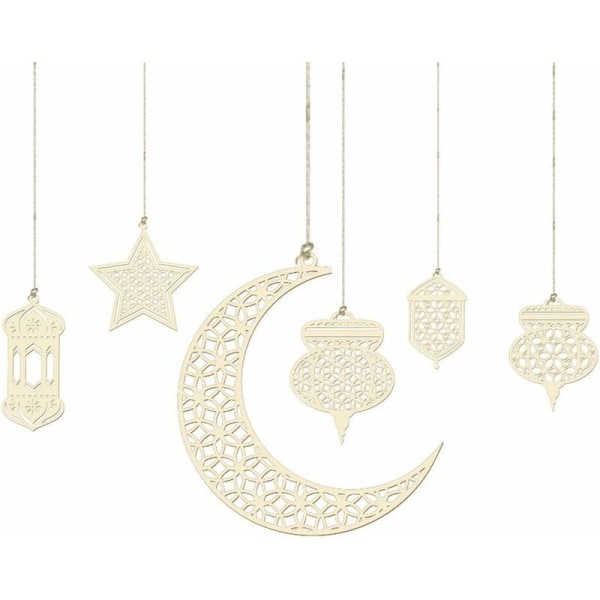 Træ vedhæng Ornamenter 6 stykker Ramadan dekoration, Halvmåne stjerne lampe form vedhæng ornamenter, velegnet til Ramadan Eid Mubarak dekoration