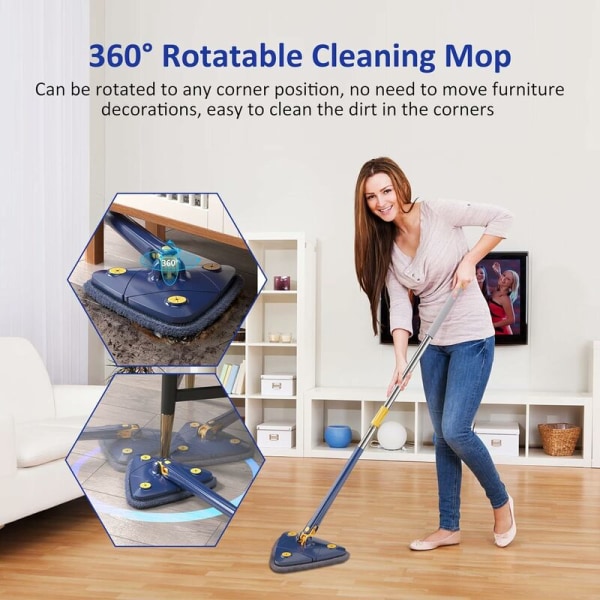 Justerbar 360° roterende trekant teleskopmop med automatisk vandudvridningsfunktion, 5 rengøringsklude, mikrofiber elastisk mop (blå)