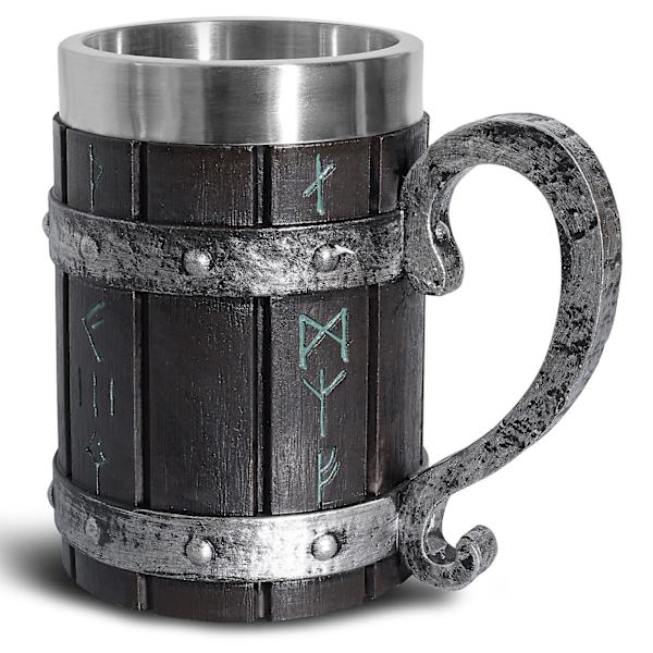 Viking Rune Ölmugg Kruka Rostfritt Stål Trä Harts 3D Nordisk Dekorativ Kaffekopp
