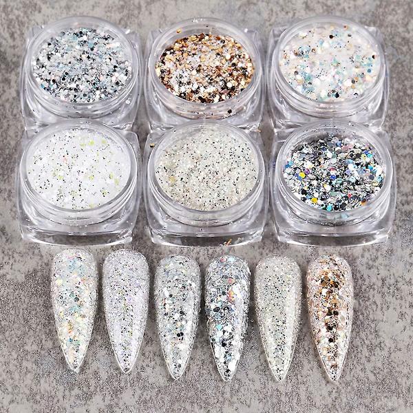 Holografiska Nagelkonstpaljetter Glitterset 6 Ask 3D Naglar Glitter Metallisk Glimmande Flakes Akrylpulver Damm Paljetter För Nageldekor Holografi