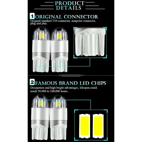 10 stk. T10 LED positionslys natlys 12v 6000K hvid, LED blinklys bil motorcykel mellemrum lyspanel pære