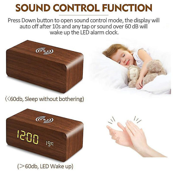 Trädigital väckarklocka FM-radio, snabb trådlös laddningsstation för iPhone/Samsung Galaxy, USB-laddningsport, sömntimer, trä LED-klocka för säng