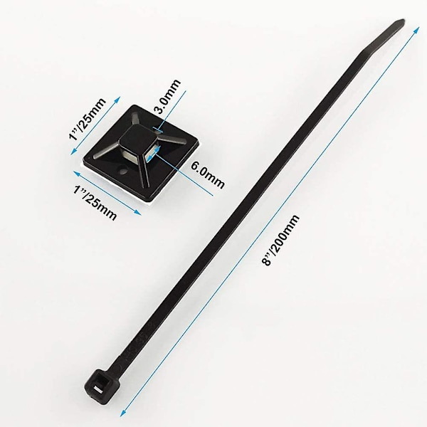 Zip Tie Mount Adhesive Base Montering 1\" Kvadrat 100 stk Og 8 Tommer Kabelbinder 100 stk Sort,pc Elektrisk Kabel Tråd Holder Klips Management Sticky