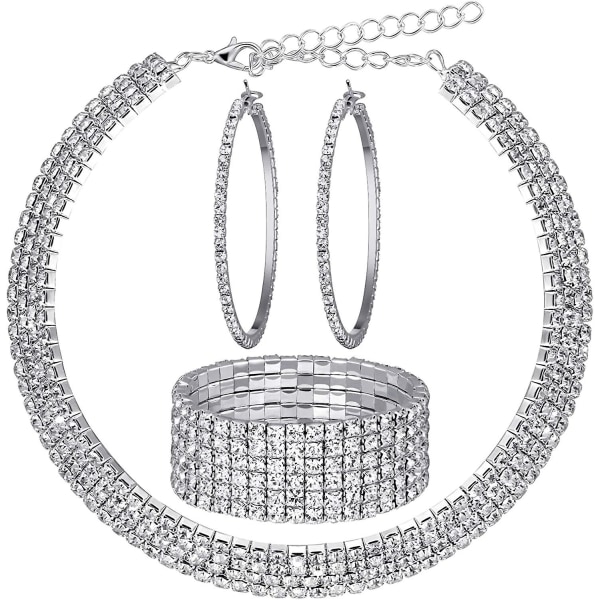 Bröllopskristall Rhinestone Set Halsband Armband Hoop Örhängen Lämplig för bröllopsfest