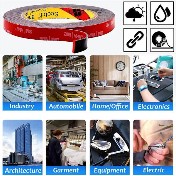 3M VHB extra stark dubbelhäftande tejp, svart, vattentät, hög temperaturbeständighet, för inomhus- och utomhusbruk