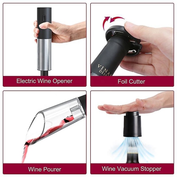Elektrisk vinöppnare Set, Uppladdningsbara elektriska vinflasköppnare, Usb-laddande vinflasköppnare i rostfritt stål med folieskärare, One-Click Butto