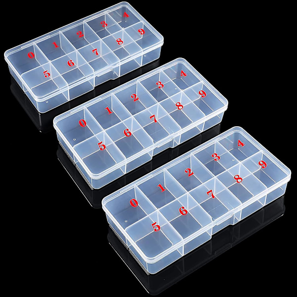 3 stk. Falske Negletips Transparent Opbevaringsboks Med 10 Nummererede Tomme Rum Opbevaringskasse Container Neglekunst Organizer Box Plastik Gitterboks Til Finger
