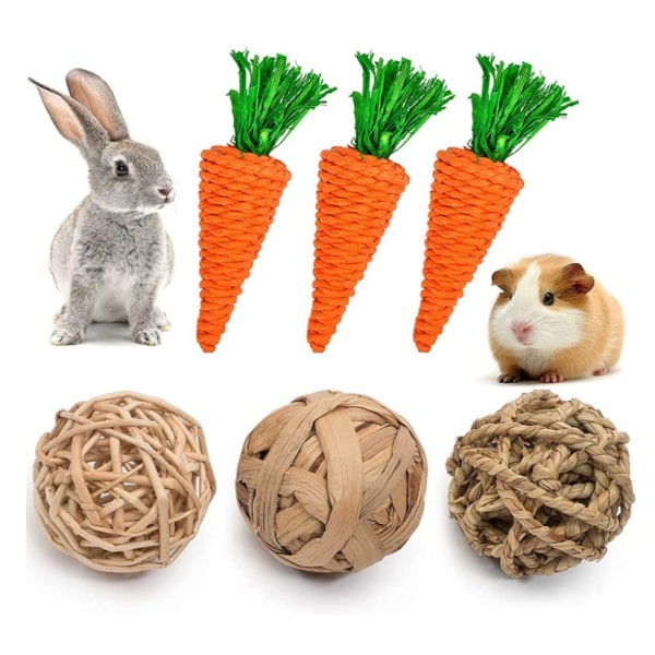 Kanin tuggleksak, 6 st dvärgkaninleksak, morotuggleksak för hamster, tugggräsbollsmolarleksak, tuggleksak för hamsterkanin Gerbil