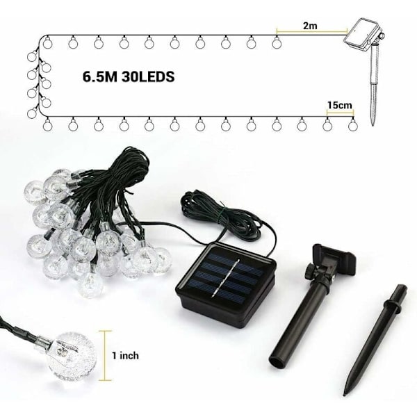 Garland-valot, 6,5 m 30 LED aurinkokäyttöiset keijut valot ulkona pallo aurinkovalot 8 tilaa vedenpitävä ulkokoristelu - viileä valkoinen