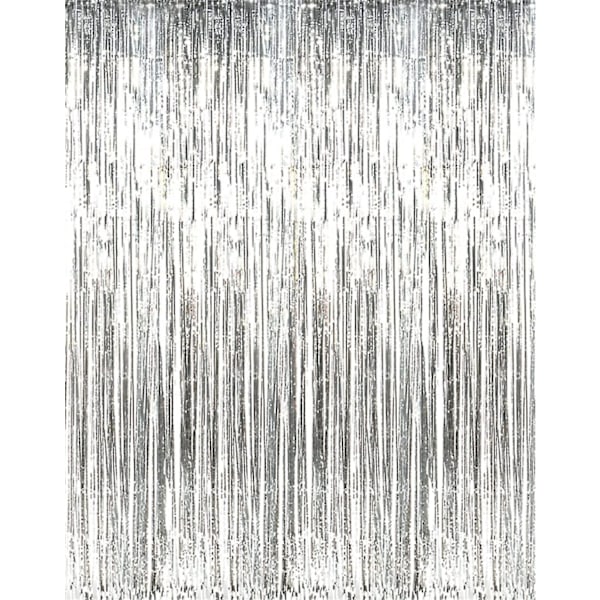 3,2 m x 3 m Metallinen Tinsel-Folio Fringe-Verhot Juhlan Taustakuvaksi Hääkoristeluun (hopea, 1 pakkaus)