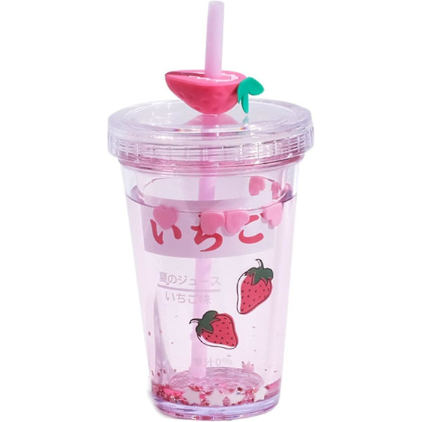 15oz Kawaii Vattenflaska med Sugrör Glitter Dubbelväggig Vattenflaska med Sugrör Kawaii Mugg Jordgubbsvattenflaska Kawaii Muggar Kawaii Saker Avocado Gi