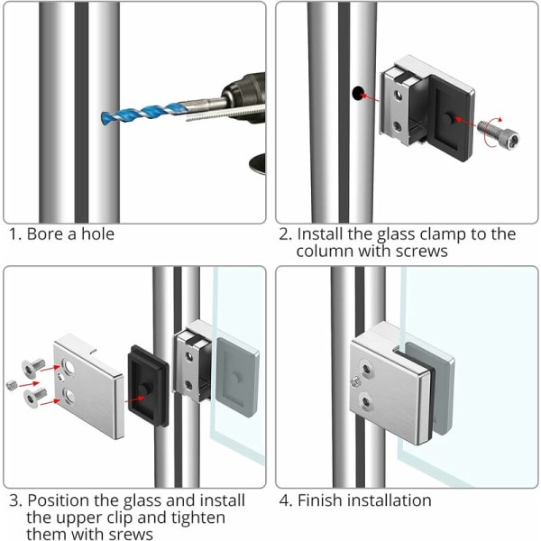 Glasklämmor 8 st 8-10 mm Rostfritt stål 304 Glasklämmor Platt bakre Justerbar Glasfäste för Trappa Räcke Ledstång