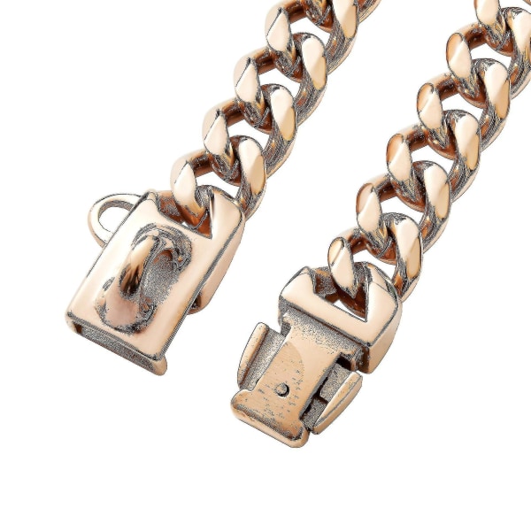Lyxigt 18k guld hundhalsband, personligt kraftigt 1/2 tums brett kubanskt halsband i rostfritt stål roséguld 12 tum