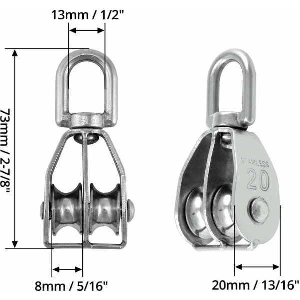 2PCS M20 Dubbel remskiva block 304 Rostfritt stål Swivel Dubbel lyft remskiva