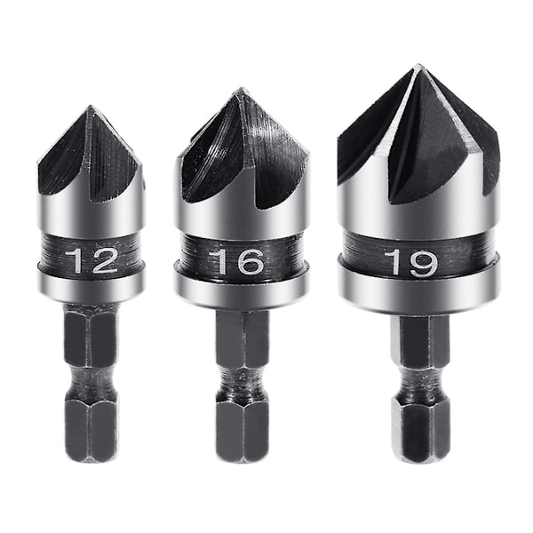 3-delad (12 16 19 mm) metall försänkt fasningsborr set verktyg, 5-egg 90 graders fasningsborr