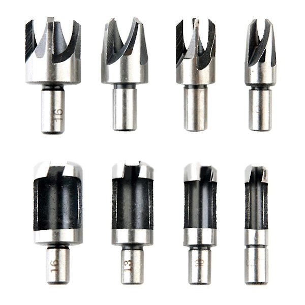8 st 5/8in 1/2in 3/8in 1/4in Wood Plug Cutter Rak och konisk kloborrsats Set