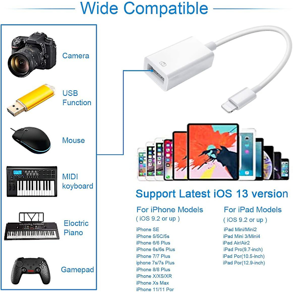 Lightning till USB-kameraadapter Lightning hona USB OTG-kabeladapter för utvalda iPhone-, iPad-modeller Stöd för anslutning av kamera, kortläsare, USB-minne