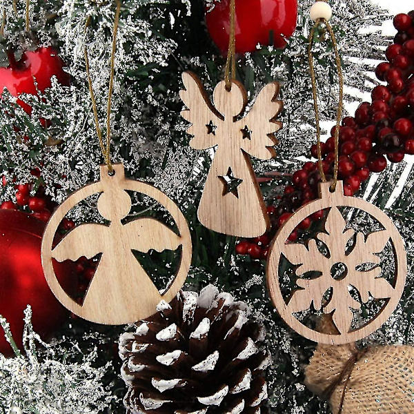 Julgransprydnader i trä, 36 st julgranshängen, gör-det-själv-hänge i trä, utskurna hängande trädekorationer med 36 st snören