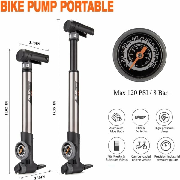 Minicykelpump, 120 PSI liten luftpump med tryckmätare, bärbar cykelpump för landsvägscyklar och mountainbikes (GP993)
