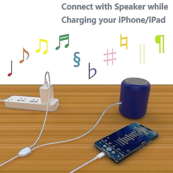 [uppgraderad ] 2 i 1 ljudladdningskabel kompatibel med Iphone/ipad, ladda och spela musik samtidigt Stöd till bilstereo/högtalare/hörlurar