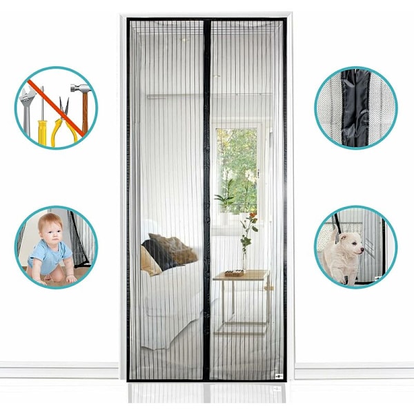 Magnetisk fluenetdør, netgardin, magnetisk lukning fra top til bund med automatisk lukning, holder frisk luft inde (120x220cm, sort)