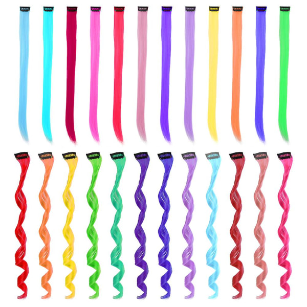 24st färgglada set, färgade festklipp, förlängningar, färgade hårstycken, flerfärgade syntetiska hårstycken