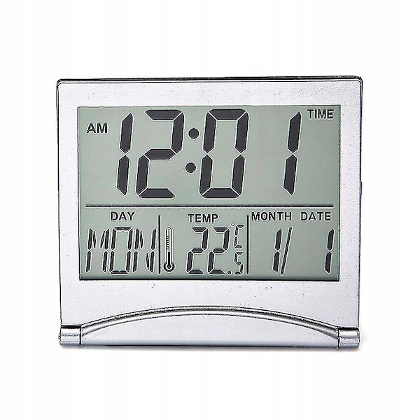 Kreativ enkel resklocka hopfällbar ord elektronisk väckarklocka datum temperatur display skrivbordsklocka（silver）