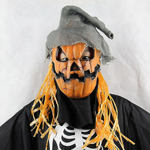 Halloween-dekoration med pumpa-skrämmaske, läskig fågelskrämma, pumpa-mask, hatt, cosplay-huvudbonad, kostymer