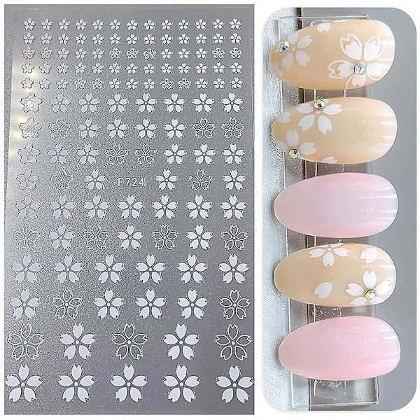 Blomster Nail Art Stickers Dekaler 4 Ark Hvite Kirsebærblomster Nail Art Tilbehør 3d Selvklebende Nail Dekorasjoner Tilbehør Diy Akryl Nail Art Ap