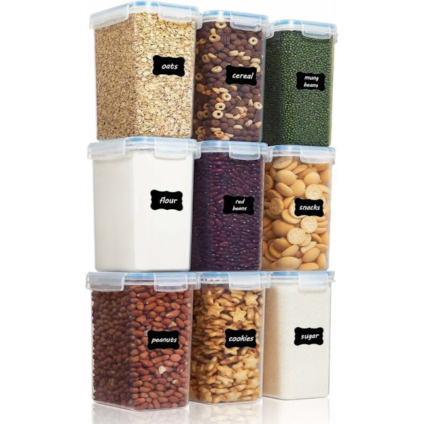 2L förvaringsburkar set, spannmålsburkar och matförvaringsburkar, lufttäta plastförvaringsburkar, set med 9, 24 etiketter för spannmål, mjöl, socker etc. (Blå)