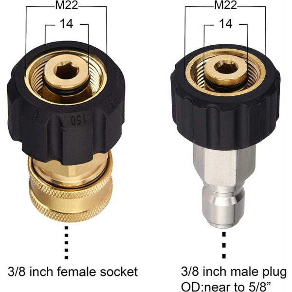 Højtryksrenser slangeadaptersæt M22 til 3/8 Quick Connect til Power Washer slange, 5000 PSI