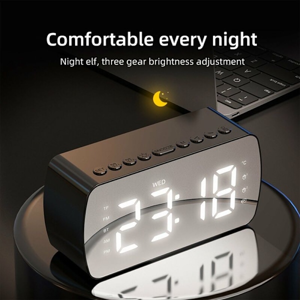 LED-spegel Digital väckarklocka Big Time Display Bord Väckarklocka Trådlös högtalare Subwoofer Musikspelare Bluetooth stöd (svart)