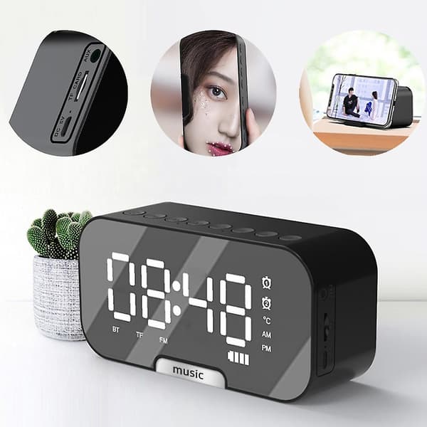 Trådlös Bluetooth-högtalare Spegelklocka Mini Väckarklocka Svart