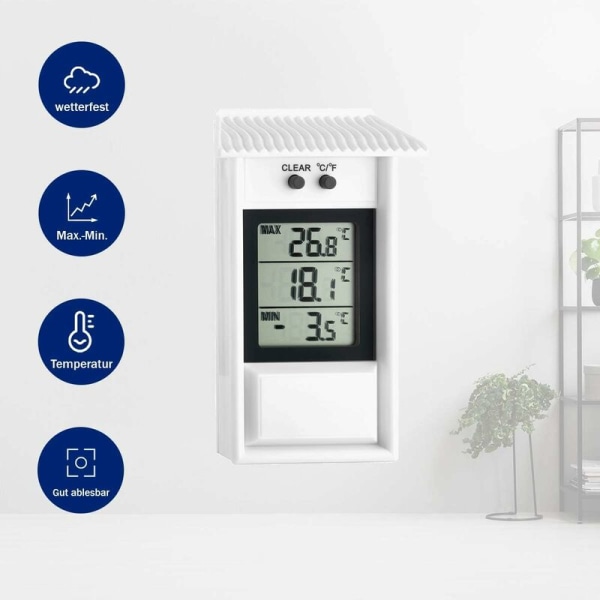 Maxima-Minima digital termometer, väderbeständig, inomhus eller utomhusbruk, vit?