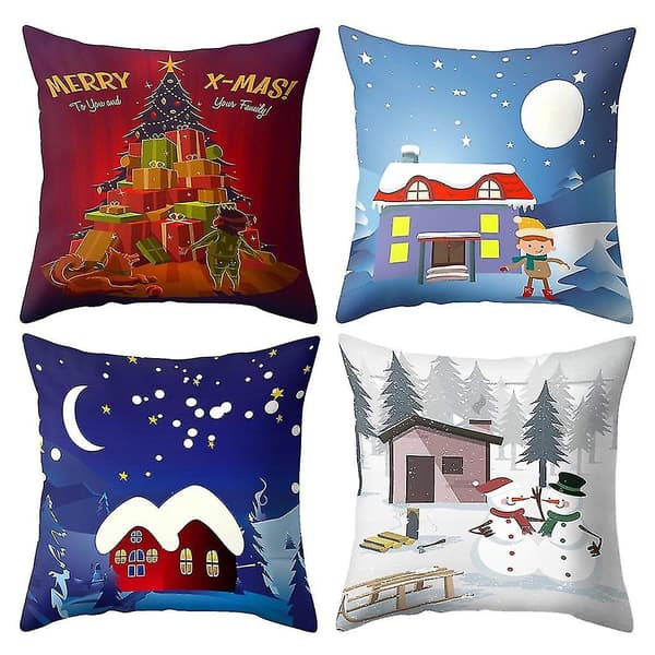 Jultryckt Kuddfodral Polyester Soffa Bil Kuddeöverdrag Heminredning 4st