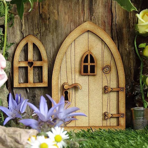 1 set miniatyr gnome dörr dekorativa möbler scen rekvisita konstgjord trä mini stege staket älvdörr för dockhus-C
