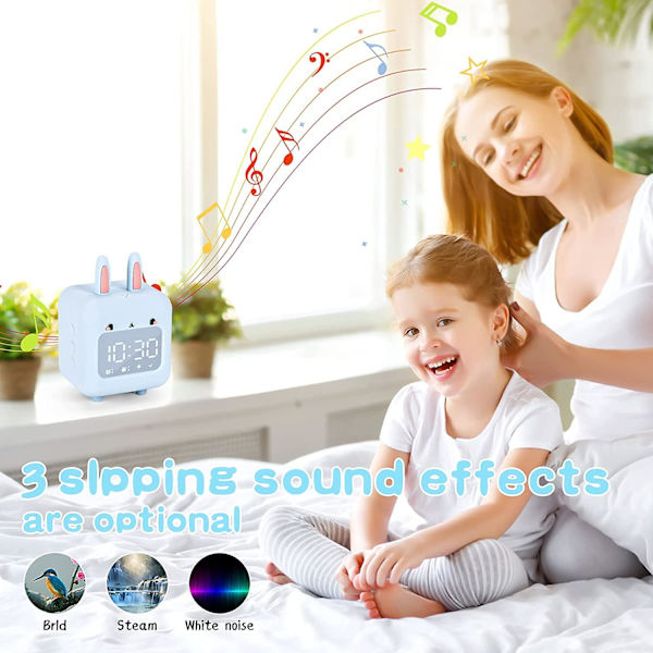 Barnväckarklocka - Digital väckarklocka för barn - Söt kaninväckarklocka för tjejer - White Noise väckarklocka - Nattljus med USB - barnväckare