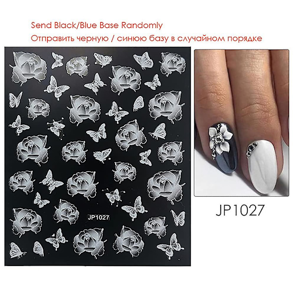 Blommor Nagelsticker Dekaler 4 ark 5d Nagelsmycken Embossade Nagelsmycken Dekoration Gradviss Förändring Vita Blommor Fjäril Design För Kvinnor Och