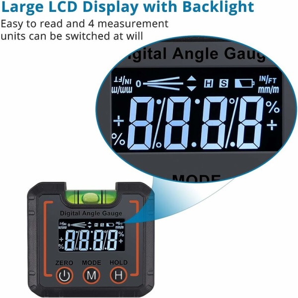 Ammattimainen LCD-digitaalinen kaltevuusmittari, korkean tarkkuuden vaakasuuntaiset kuplat, magneettinen V-uralla, 2 paristoa, (°astetta /% / mm/m/IN/FT)
