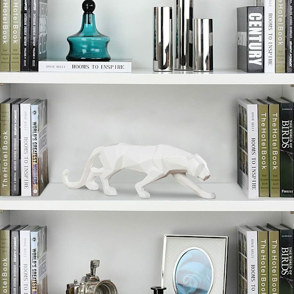 Panterstaty Leopardskulptur Hemkonst Hantverk Prydnader Modern Abstrakt Geometrisk Harts för Vardagsrum TV-skåp Dekoration Vit Liten 25 cm