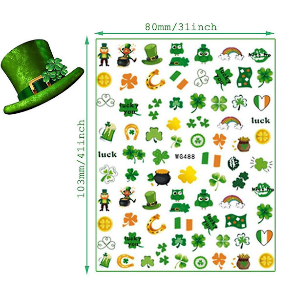 Självhäftande nagelkonstdekaler för St. Patrick's Day - Shamrocks, klöver, leprechauns, drakar, lycka till irländare