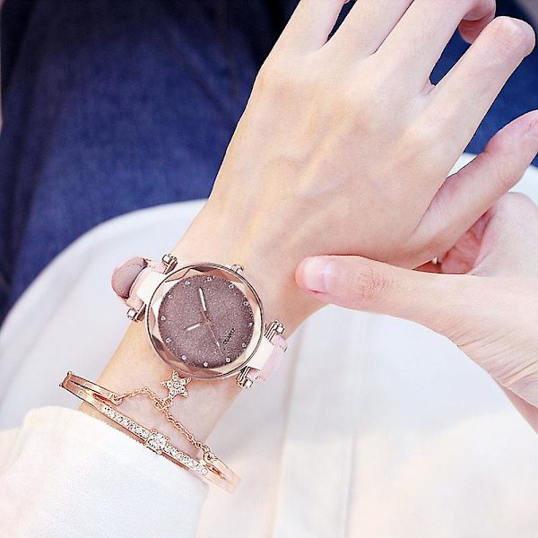 Kvinnors klocka romantisk stjärnhimmel handled casual läder strass designer damklocka enkel klänning