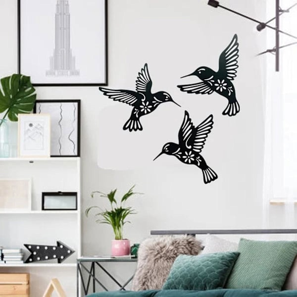 Metall Hummingbird väggkonstdekor, 9 tums set av 3 svarta kortfattad dekoration Hängande för vardagsrum Sovrum Badrum Kök Uteplats Balkong Hus Inomhus